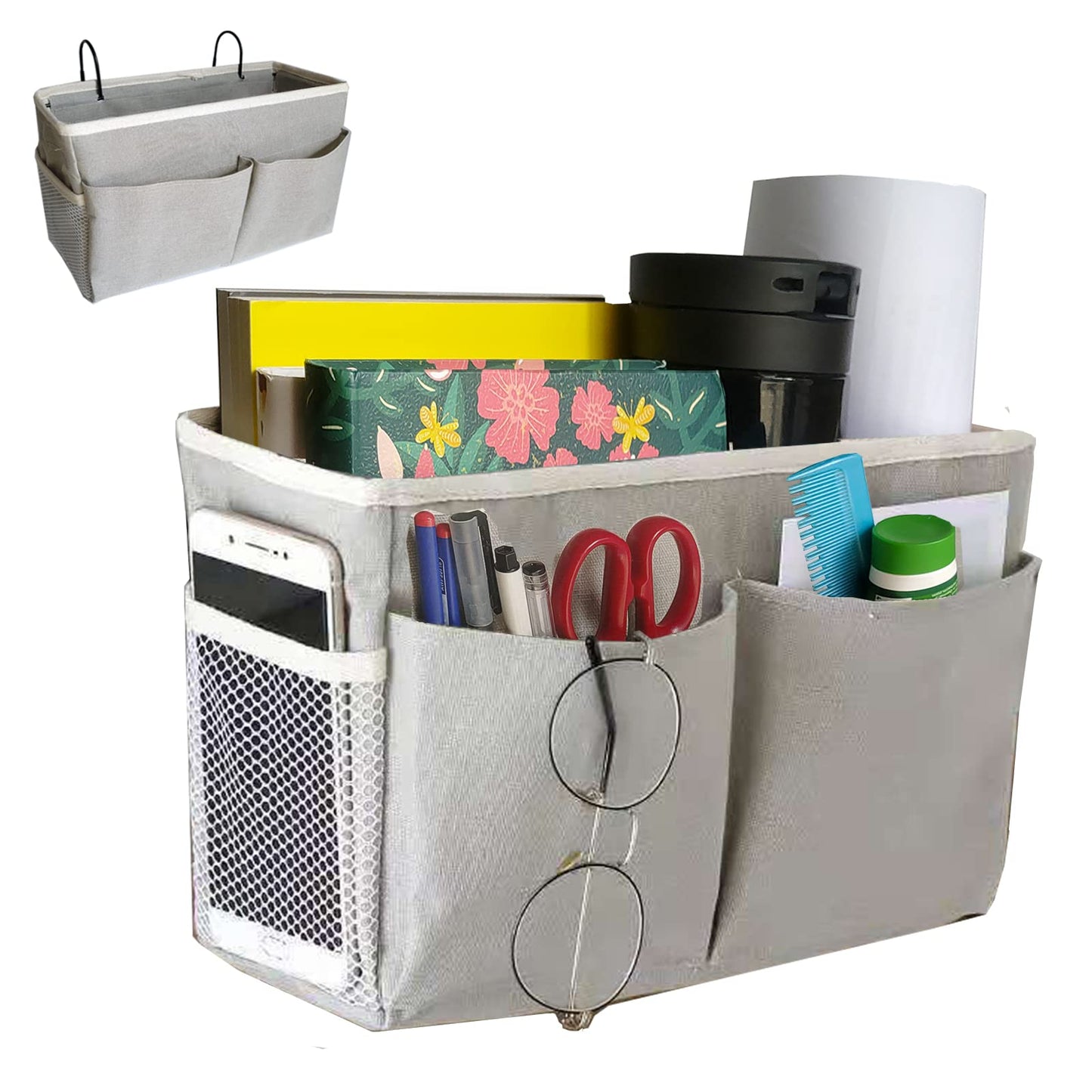 SMALL GOAL Bedside Caddy, Bedside Hanging Storage Organizer for College Dorm , Bunk and Hospital Beds, Can be Placed Books, Phones,Keys, Glasses，Magazine Holder (grey, 1)