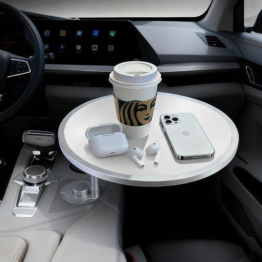 Car Tray Table & Car Desk for Laptop with 2 Risers and Anti-slip Pad, 360° Rotating Cup Holder for Working and Eating Compatible with Tesla Model 3/Y/S/Ensure The Cup Holder is Round/White