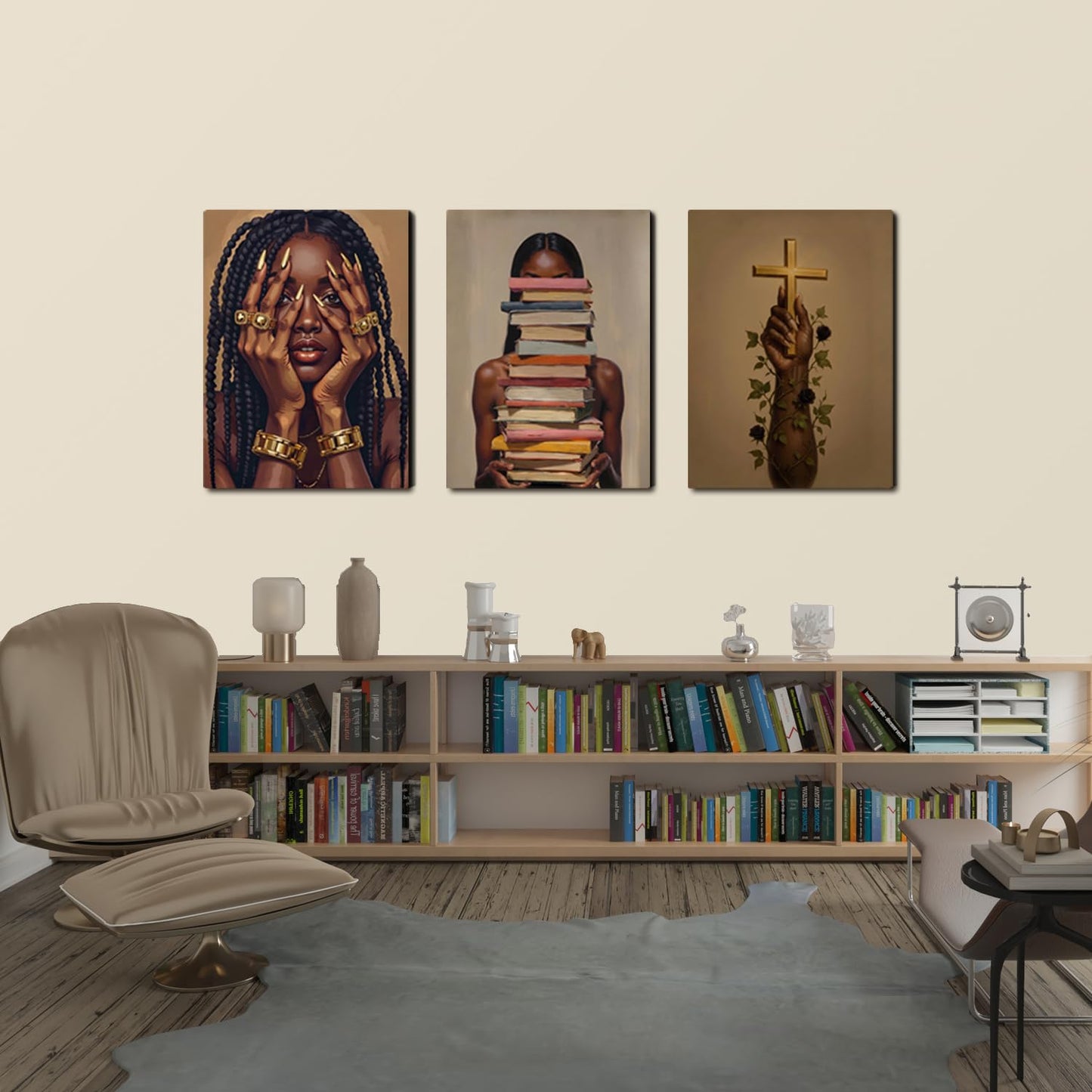 Black Woman Wall Art Canvas Print Set of 3 Framed Poster Picture Modern Artwork Wall Decor African American Artwork Canvas Wall Art 12x16 Inch for Living Room Bedroom Ofﬁce