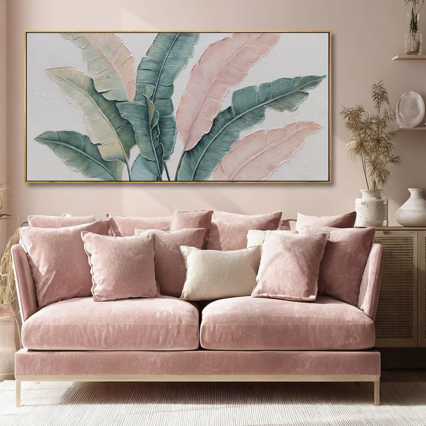 Tropical Green and Pink Leaf Wall Art 24x48 Inch, Large Framed Canvas Prints with Wooden Frame, Botanical Home Decoration for Bedroom Living Room or Office
