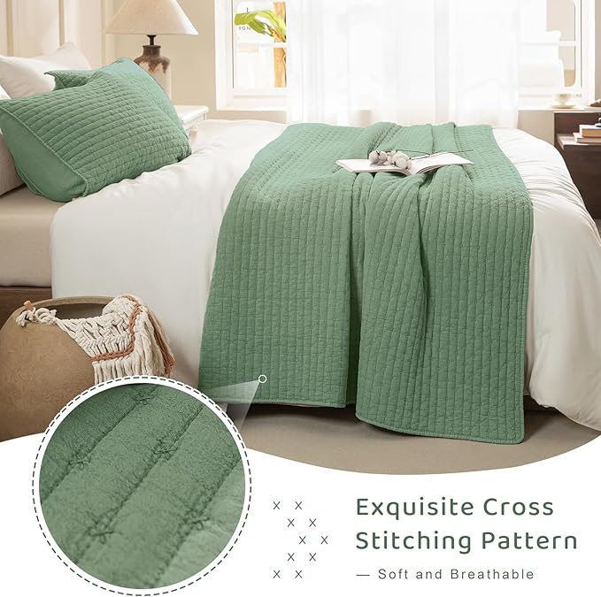 Sanracie Stonewashed Oversized King Quilt(120"x120"), Cotton Green Cross Stitch Pattern California King Quilt Sets 3Pcs Ultra Soft Breathable Crinkle Bed Coverlet Set for All Season