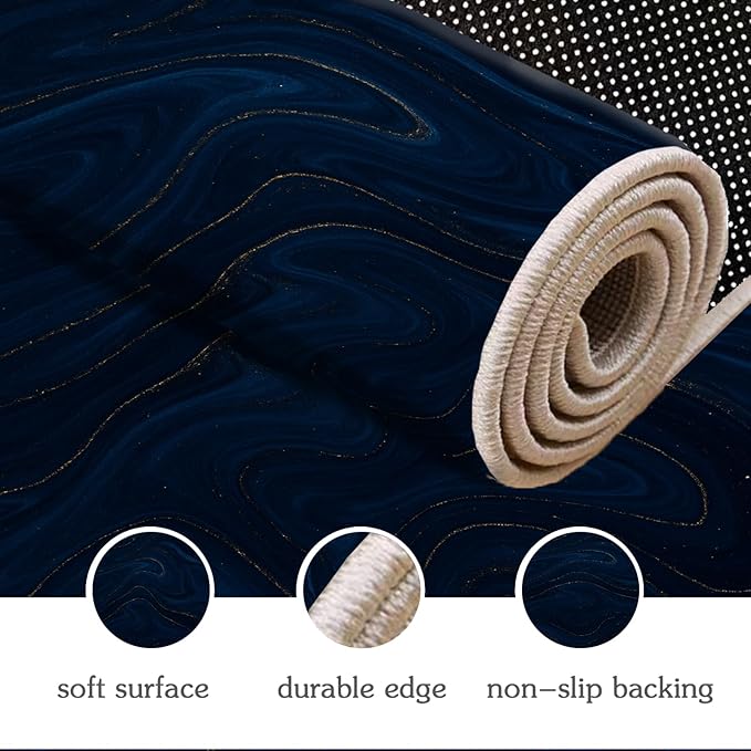 Luxury Marble Rug - 2x6 Runner Rug, Navy Blue Marble Runner Carpet, Modern Abstract Entryway Rugs, Washable & Non Slip Carpet Home Decor