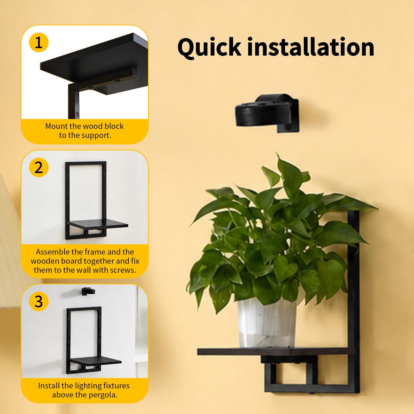 Orvado Wall Planters with Grow Lights, Set of 2 Indoor Hanging Shelves for Bedroom, Living Room, Bathroom, Kitchen, Entryway, Black (2, Black)