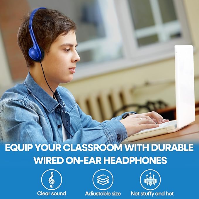 CN-Outlet 50 Pack Classroom Headphones Bulk for Kids School Class Set Headphones for Students Teens Toddler Children and Adults, Wholesale 3.5mm Pulg Wired Earphones-Upgrade (Dark Blue, 50 Pack)