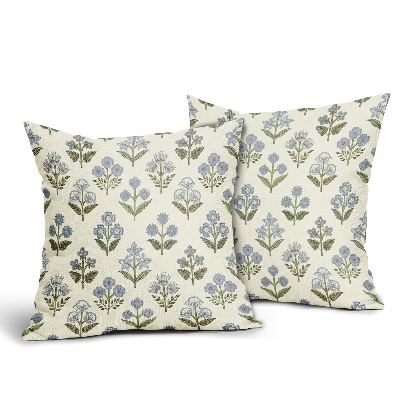 Sivirary Blue Green Block Print Floral Pillow Covers 18x18 Inch Set of 2