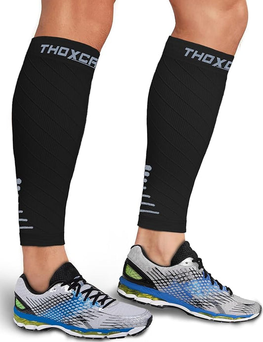 Thoxcare Calf Compression Sleeve for Men Women (1 Pair), Leg Support Footless Compression Socks for Running - Shin Splint Varicose Veins Swelling & Pain Relief, Black/Gray, Large