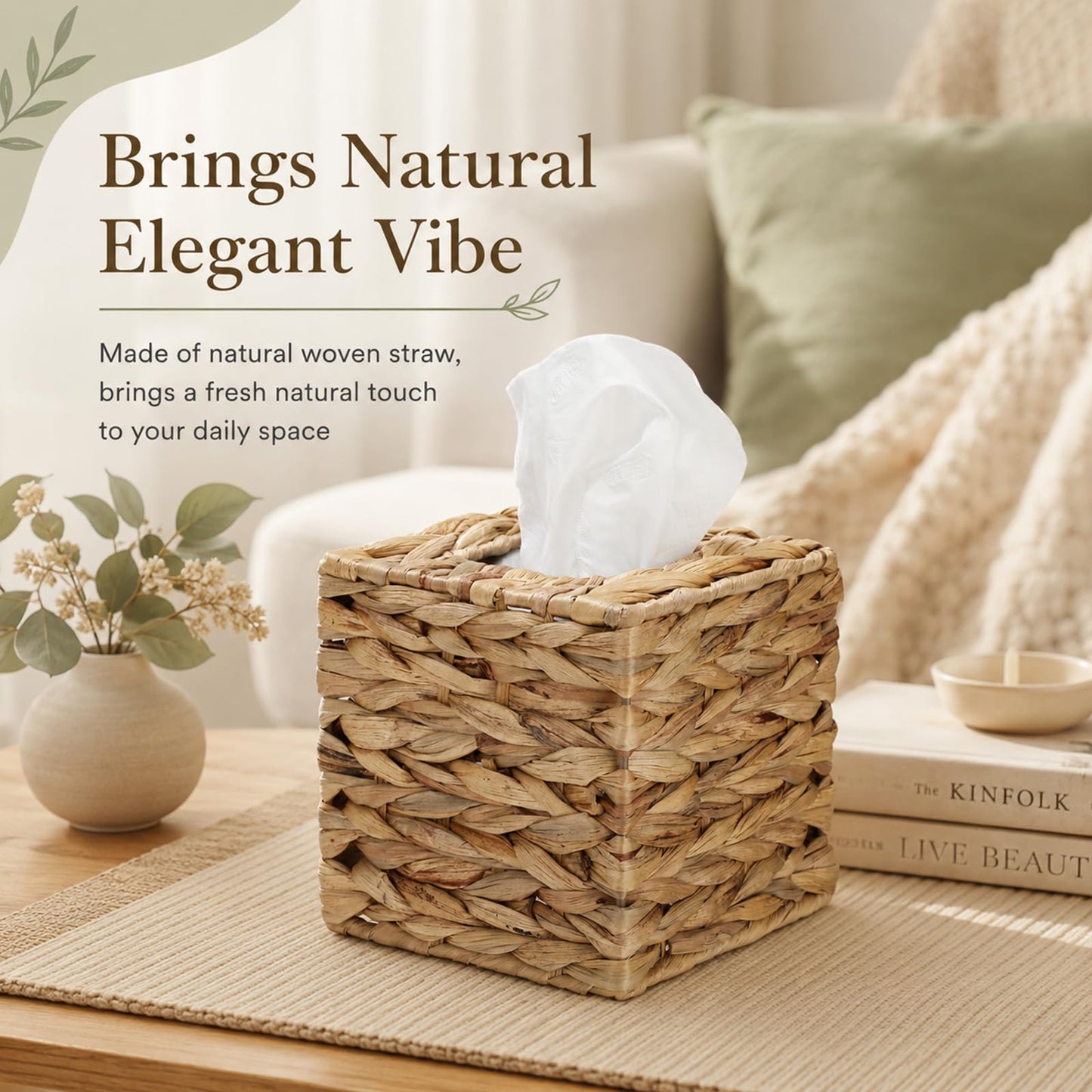 Rattan Tissue Box Covers, 2 Pack Square Wicker Facial Tissue Holders, Handwoven Water Hyacinth Cube Dispensers for Bathroom, Bedroom, Office and Boho Home Decor
