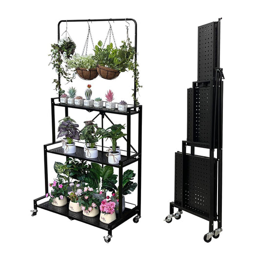 lumizone Foldable 4-Tier Plant Stand With Wheels Indoor Outdoor Black