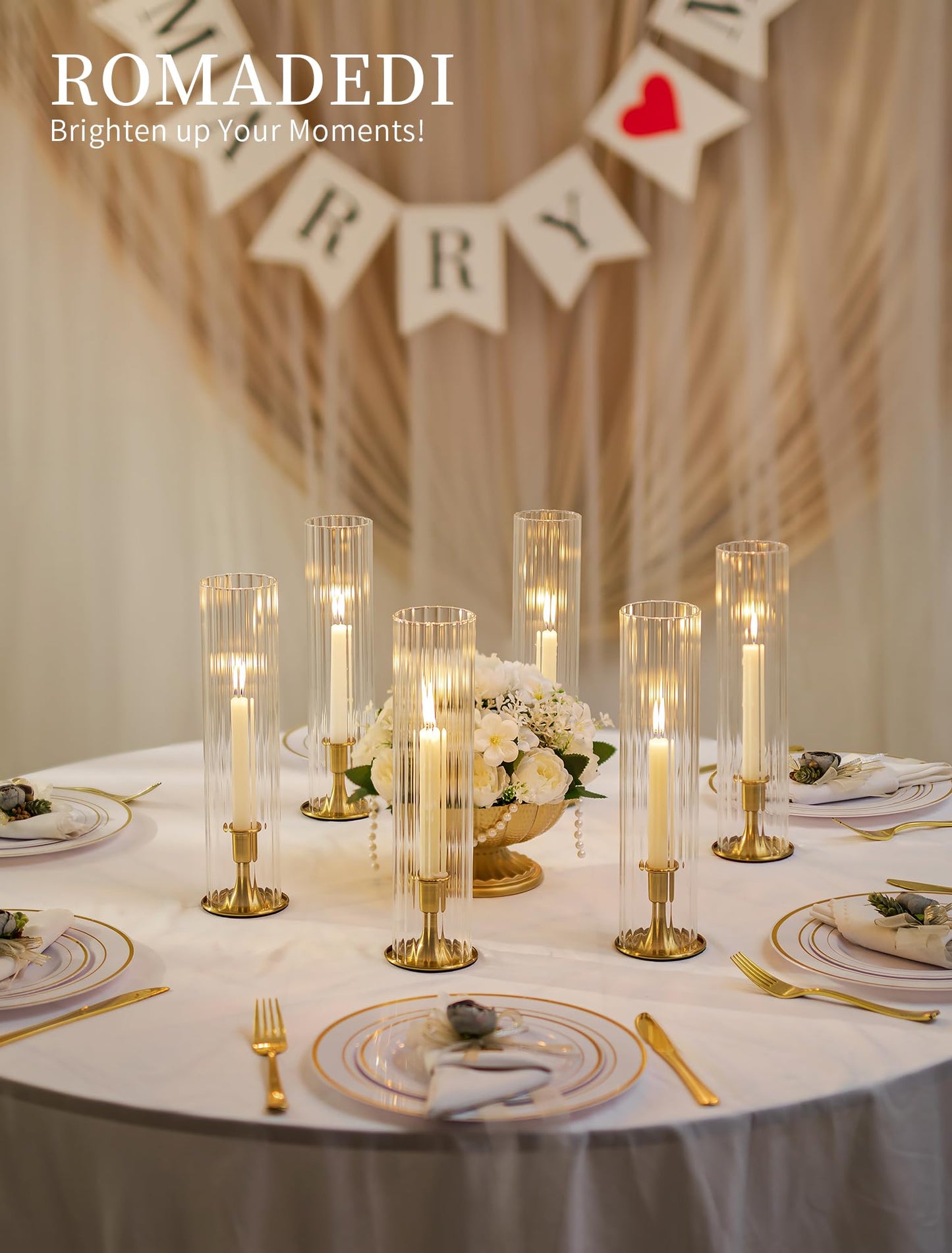 Romadedi Hurricane Glass Candle Holder: Set of 10 Gold Taper Candle Sticks Holder with Ribbed Cylinder Cover & Weighted Base for Table Centerpiece Wedding Christmas Party Outdoor