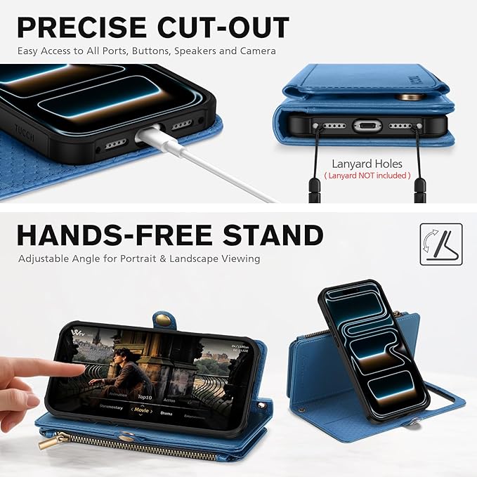 TUCCH Removable Crossbody Case Wallet for iPhone 17 Pro Max 6.9" 2025, Wireless Charging, RFID Blocking 10 Card Slots, Lanyard, Wrist Strap, Zipper Pocket, PU Leather, Stand Magnetic Cover, Light Blue
