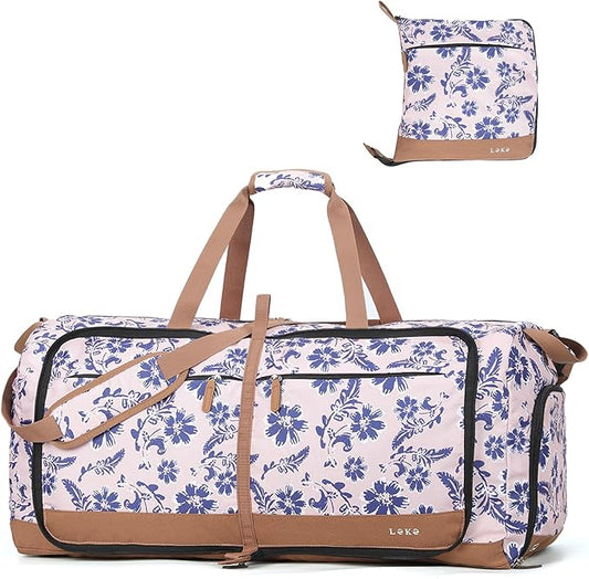 Lekesky Foldable Travel Duffle Bag for Women, Large Duffel Bag with Separate Shoes Compartments & Straps, Carry On Weekend Bag for Women, Hospital, Overnight (Pink Floral Print, 80L)