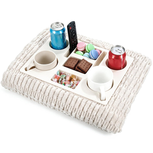 Yerliker Couch Cup Holder Tray, Foam Sofa Bed Caddy Pillow for Drink Snack Phone Remote, Silicone Lining Waterproof Anti-Spill Couch Tray for Car Seat Bed Movie Night Supplies(White)