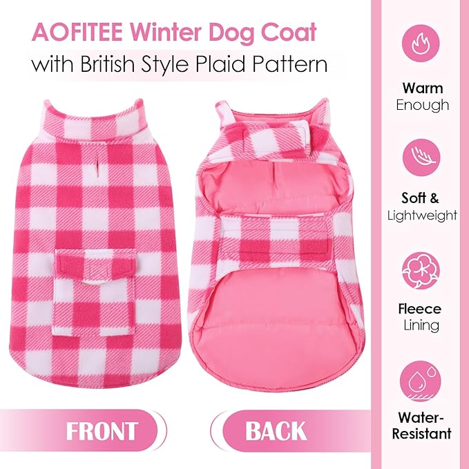 AOFITEE Dog Coat Plaid Dog Winter Coat for Large Dogs, Warm Dogs Jacket Christmas Sweater, Waterproof Pet Puffer Jacket, Reversible Pet Cold Weather Coats for Small Medium Large Pets, Pink XXL
