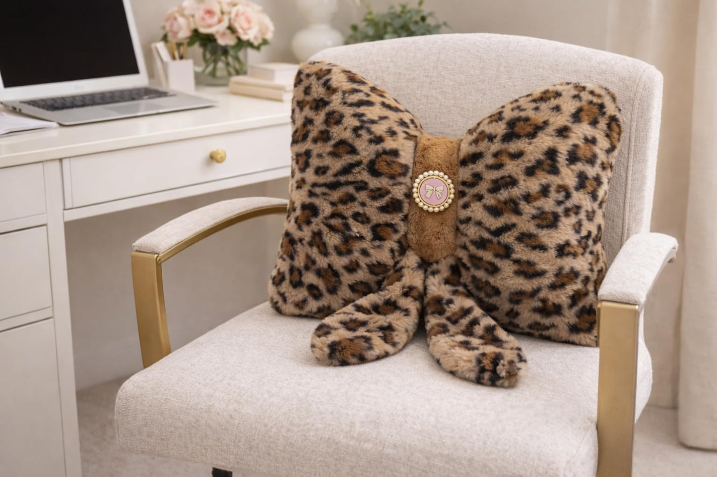 Teyeuf Leopard Print Bow Pillow 12x9 Inch, Cute Plush Bow Shaped Decorative Pillow with Back Strap, Animal Print Room Decor for Bedroom Chair Couch Car