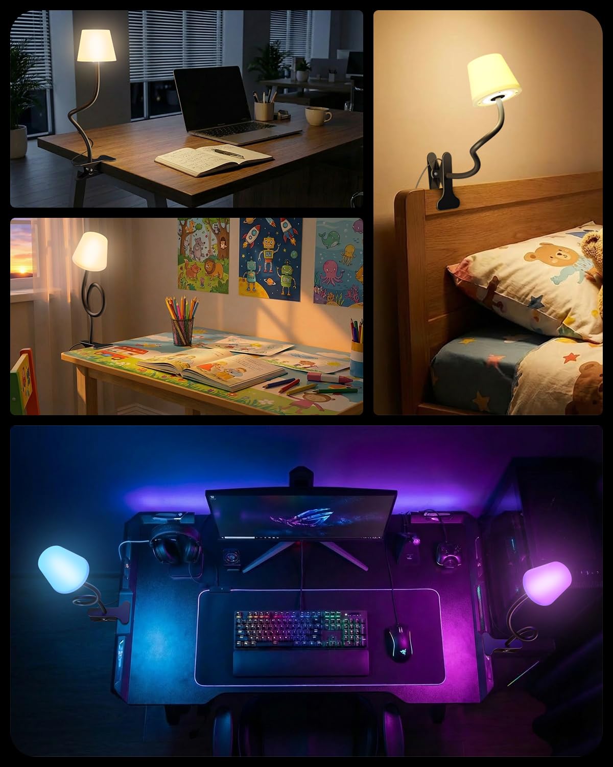 Rdzoko Clip on Light, Reading Light for Bed, RGB Lamp, Dimmable Desk Lamp with Clamp, College Dorm Room Essentials, Cute Bedside Night Light for Kids Headboard, Adapter Included Black
