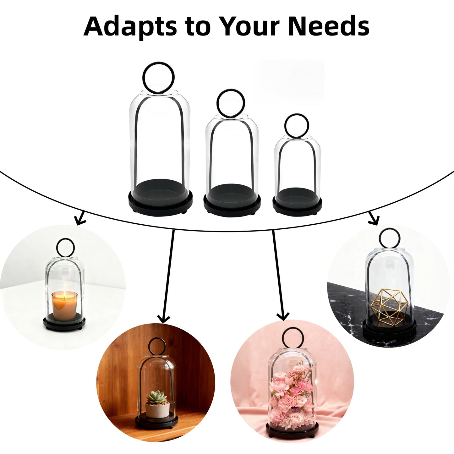 3 Pack Metal Candle Holders with Glass Dome, 5.5" & 4.7" & 3.9" Wide Black Candlestick Holders Set, Versatile Hurricane Lanterns Candleholders for Pillar Candle, Decorative Glass Display Dome Stands