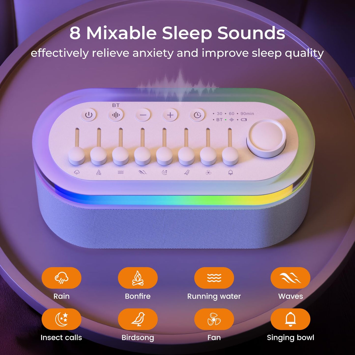 White Noise Sound Machine for Sleep with 256 Mixable Sounds & Bluetooth Speaker,3-in-1 Portable Sound Machine, 9 Color Adjustable Night Light, Automatic Timing & Rechargeable Battery for Adults Kids