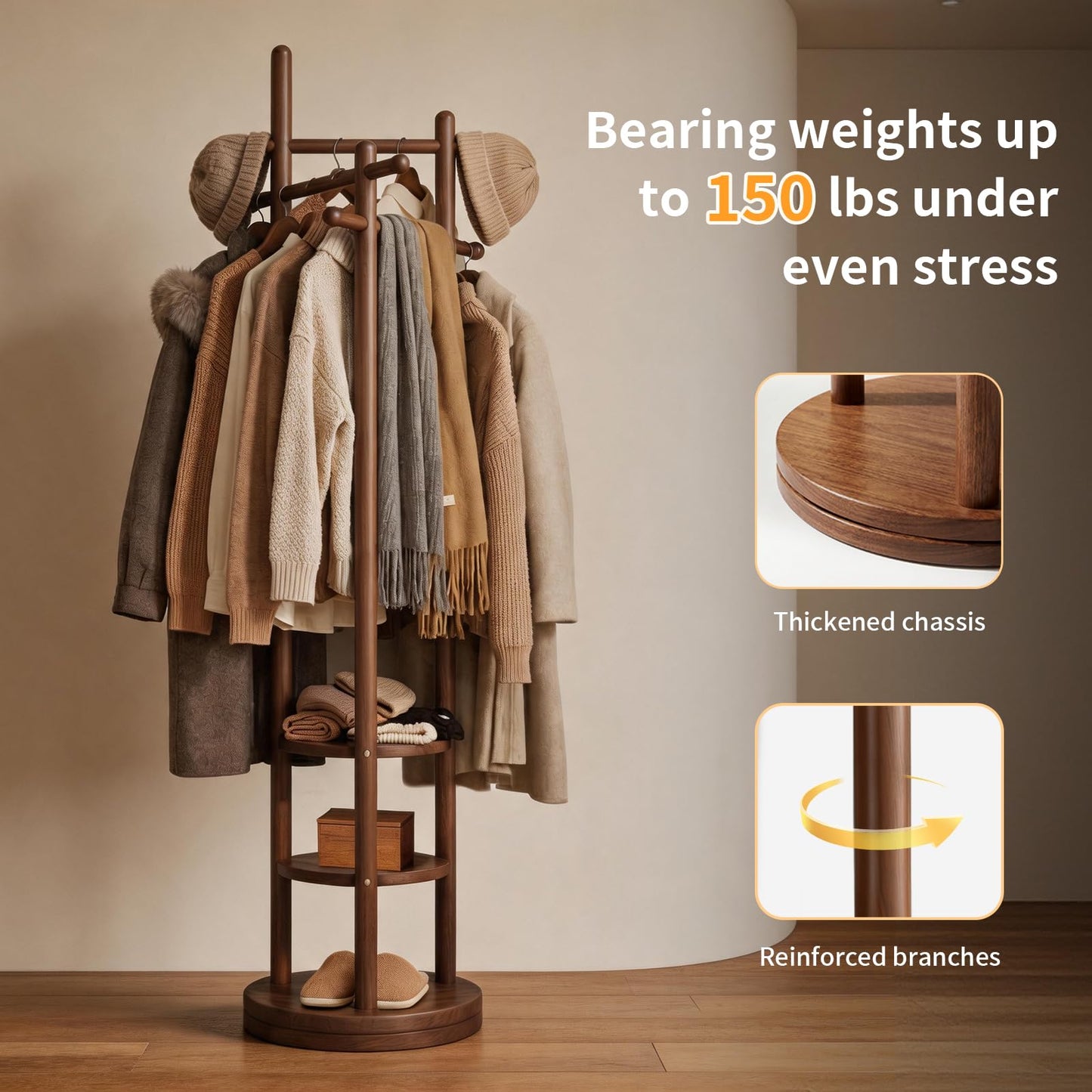 Vcalnil Coat Rack Freestanding, Solid Wood Coat Tree with 6 Hooks and 3 Storage Shelves for Bedroom, Entryway Living Room, Office, Corner Hanger Stand for Purse, Bag, Jacket, Hat