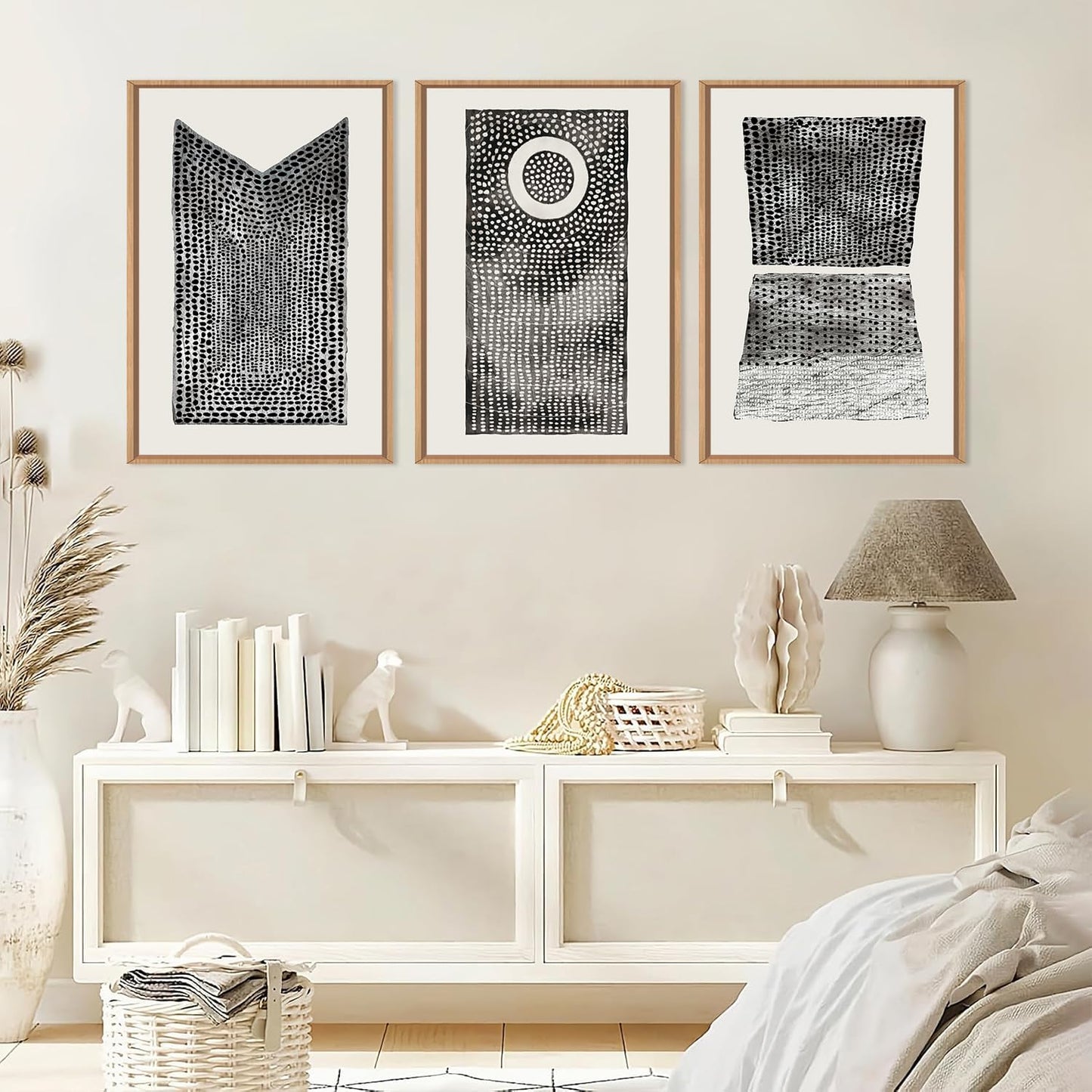 DRACIT Large Abstract Dot Black Pattern Framed Canvas Wall Art Set,Modern Neutral White Circle Wall Decor,Minimalist Black White Geometric Artwork for Living Room,Bedroom,Office-16 x24 x3