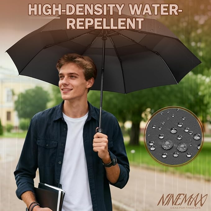NINEMAX Windproof Travel Umbrella for Rain, Automatic Umbrellas Double Canopy Vented Compact for Men Women(Black)