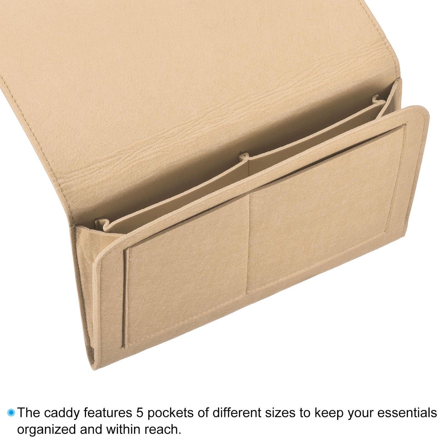 PATIKIL 13in Bedside Caddy, Bed Caddy Bedside Organizer Hanging Soft Felt 5 Pockets Bed Pockets Bedside Storage Organizer Remote Control Holder for Bedroom Phones Glasses, Beige