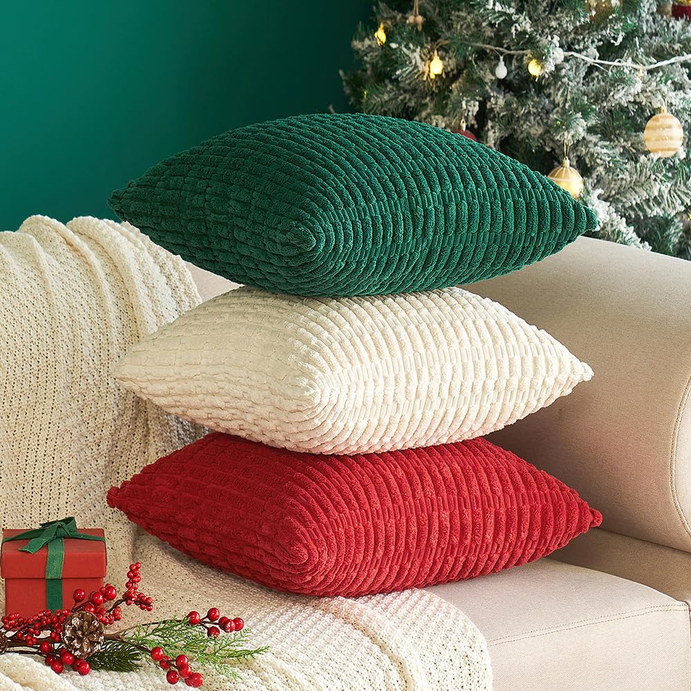 MIULEE Pack of 2 Dark Green Corduroy Decorative Pillow Covers 20x20 Inch Soft Boho Striped Throw Pillow Covers Modern Farmhouse Home Decor for Sofa Living Room Couch Bed