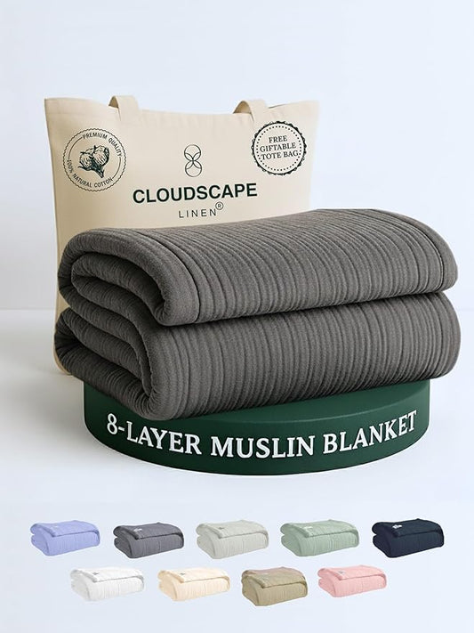 Cloud Scape Linen 100% Cotton 8 Layer Twin Size Muslin Blanket - Breatheable and Soft Winter Blanket for Bed, Couch and Sofa, Oversized Fits up to Twin XL, Best Gift Idea, 68x92, Dark Grey