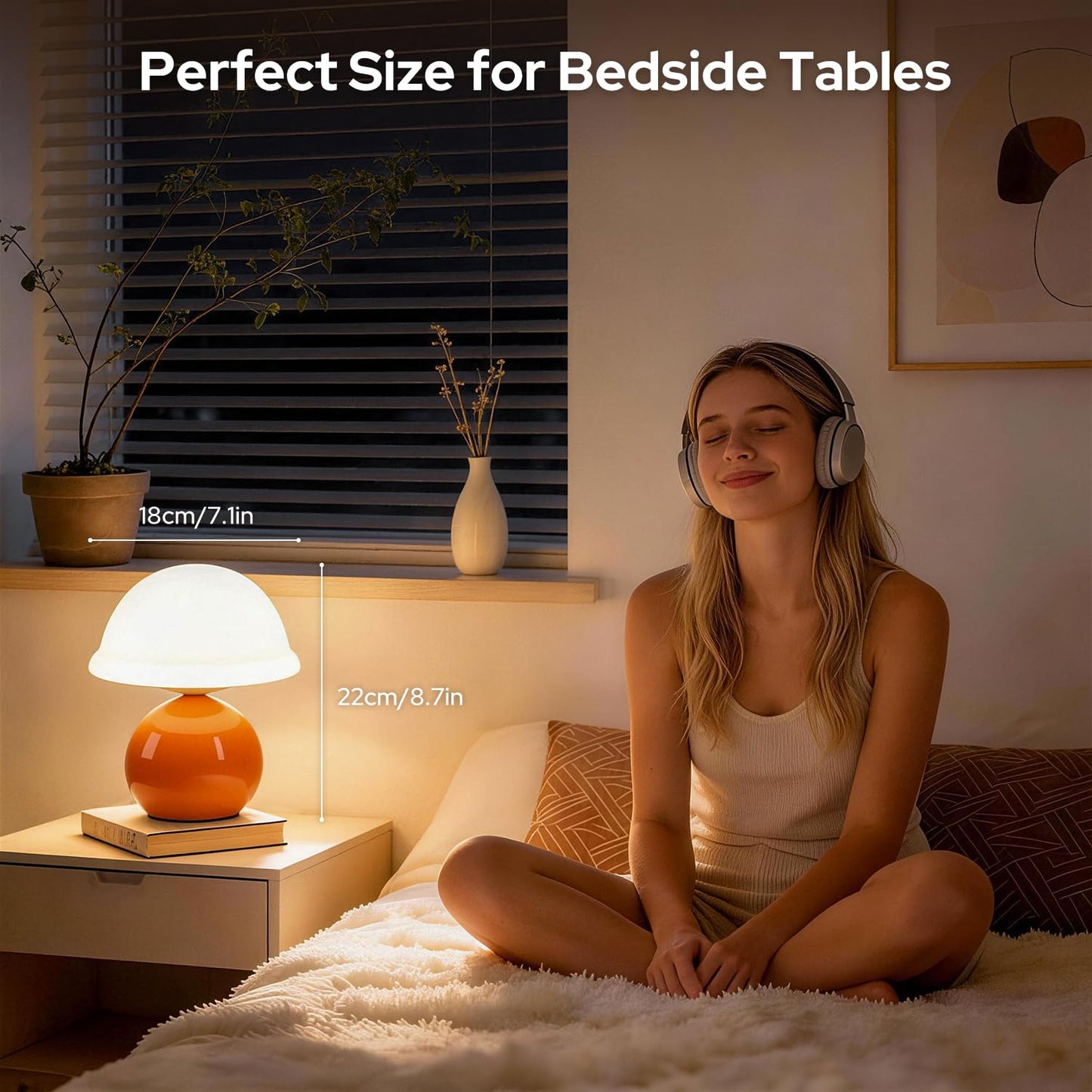 Komothala Mushroom Table Lamp for Bedroom, Cozy Bedside Lamp with Glass Shade, Stepless Dimmable Nightstand Lamp for Relaxing Bedroom Decor & Aesthetic Home (Orange)