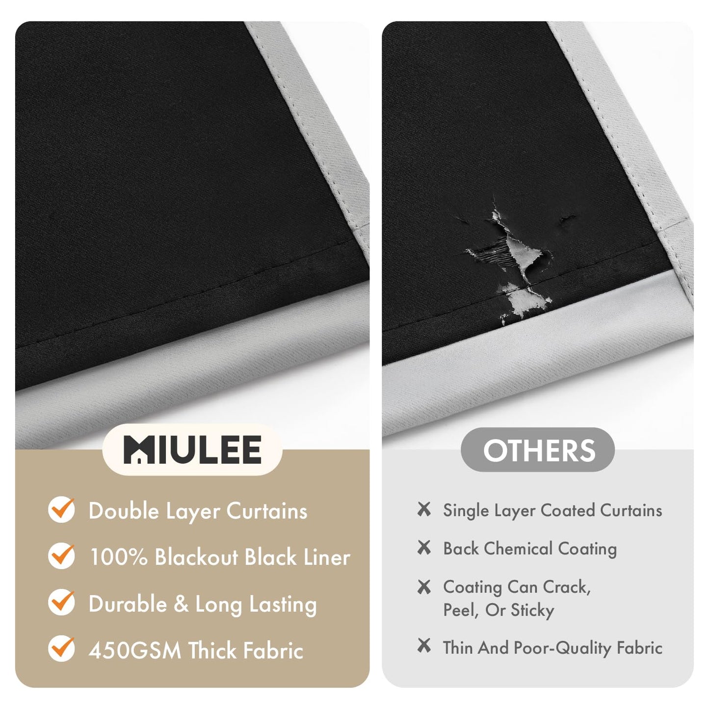 MIULEE Light Grey 100% Blackout Curtains for Bedroom 84 Inch Long, 2 Thick Layers Thermal Insulated Black Out Window Curtains with Black Liner, Noise Reducing Grommet Living Room Drapes 2 Panels