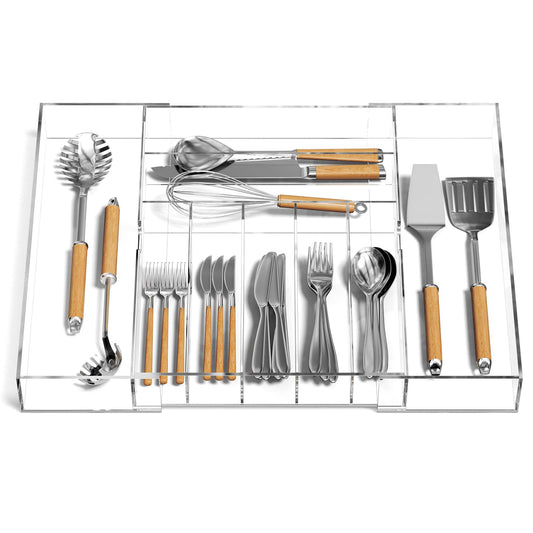 NIUBEE Expandable Kitchen Drawer Organizer for Flatware and Utensils,Clear Acrylic Adjustable Silverware Tray for Drawer,Office,Bathroom Supplies-9 Compartments