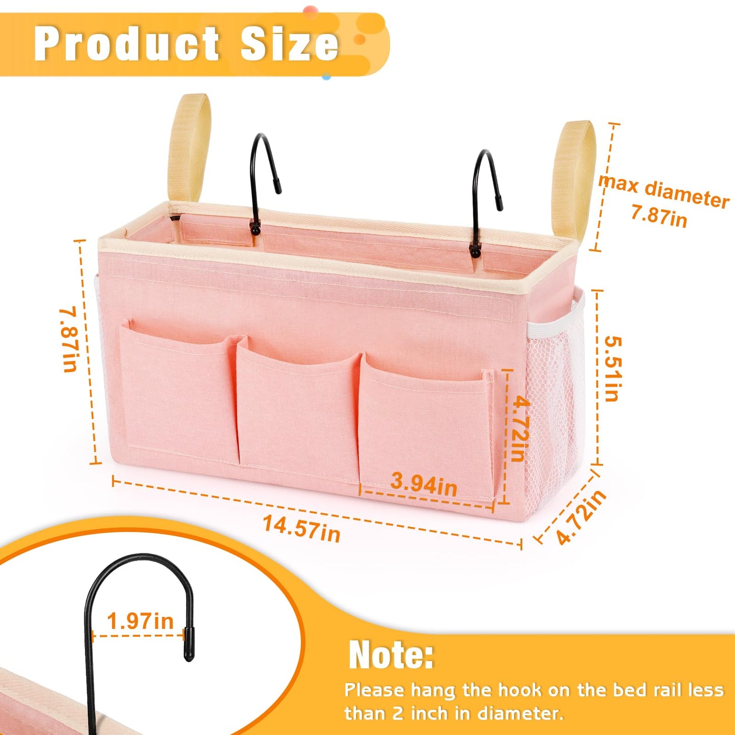 Lilithye Bedside Caddy Bedside Organizer Bedside Storage Caddy with Fixed Straps and Water Bottle Holder for Home College Dorm Bunk Bed Hospital Bed Crib Bed Rails (Pink)
