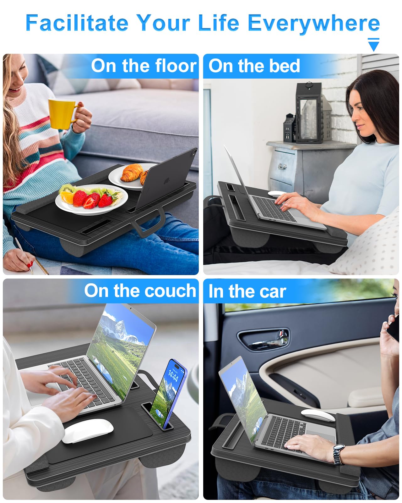 HETTHI Laptop Lap Desk, Portable Large Laptop Desk for Bed, Up to 17 Inch Lap Pad Tray with Wrist Rest, Mouse Pad, Tablet Phone Slot, Portable Handle, Cushion (Black)