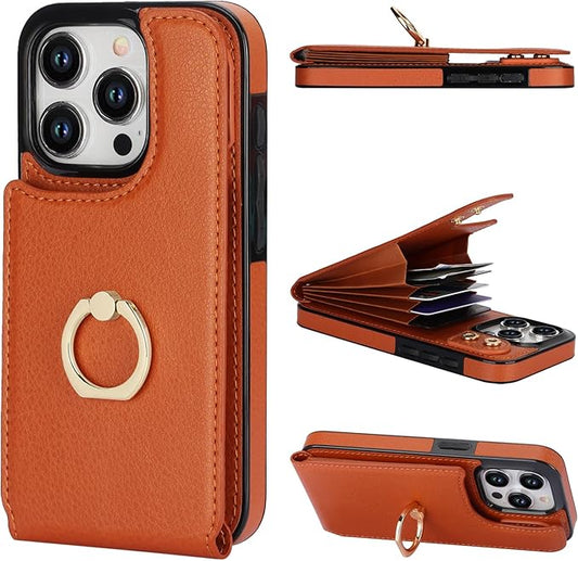 Folosu Compatible with iPhone 15 Pro Case Wallet with Card Holder, 360°Rotation Finger Ring Holder Kickstand, RFID Blocking Leather Protective Double Buttons Shockproof Cover 6.1 Inch Brown