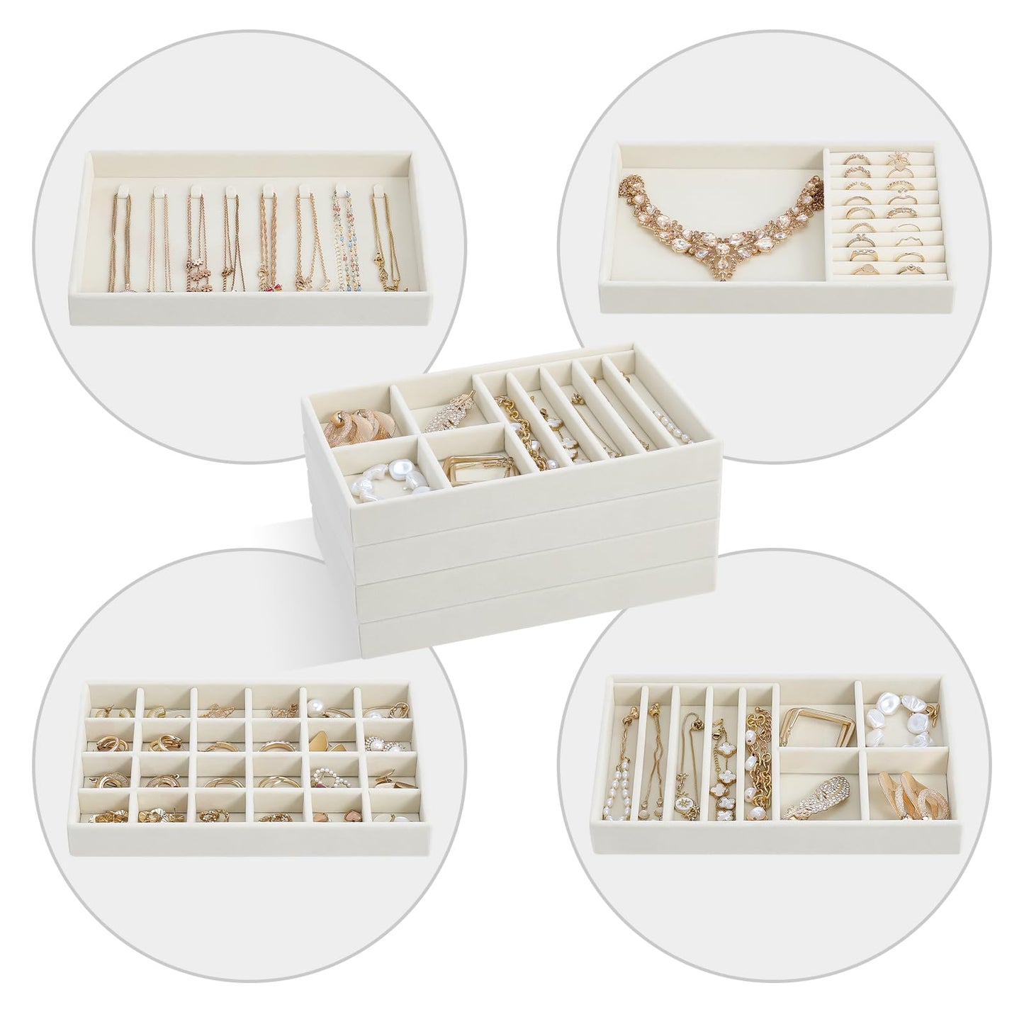 ProCase Stackable Jewelry Organizer Trays for Drawers, Jewelry Drawer Inserts Container Display Case Storage for Earring Necklace Rings Bracelet with Removable Dividers -Beige, 4 Layers