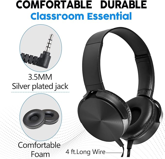 Bulk Kids Headphones for School Classroom 5-Pack,Durable Wired On-Ear 3.5mm Plug for Kids,Students,Computer,Kindle Fire,Chromebook,Laptop,Mobile Phone-Black