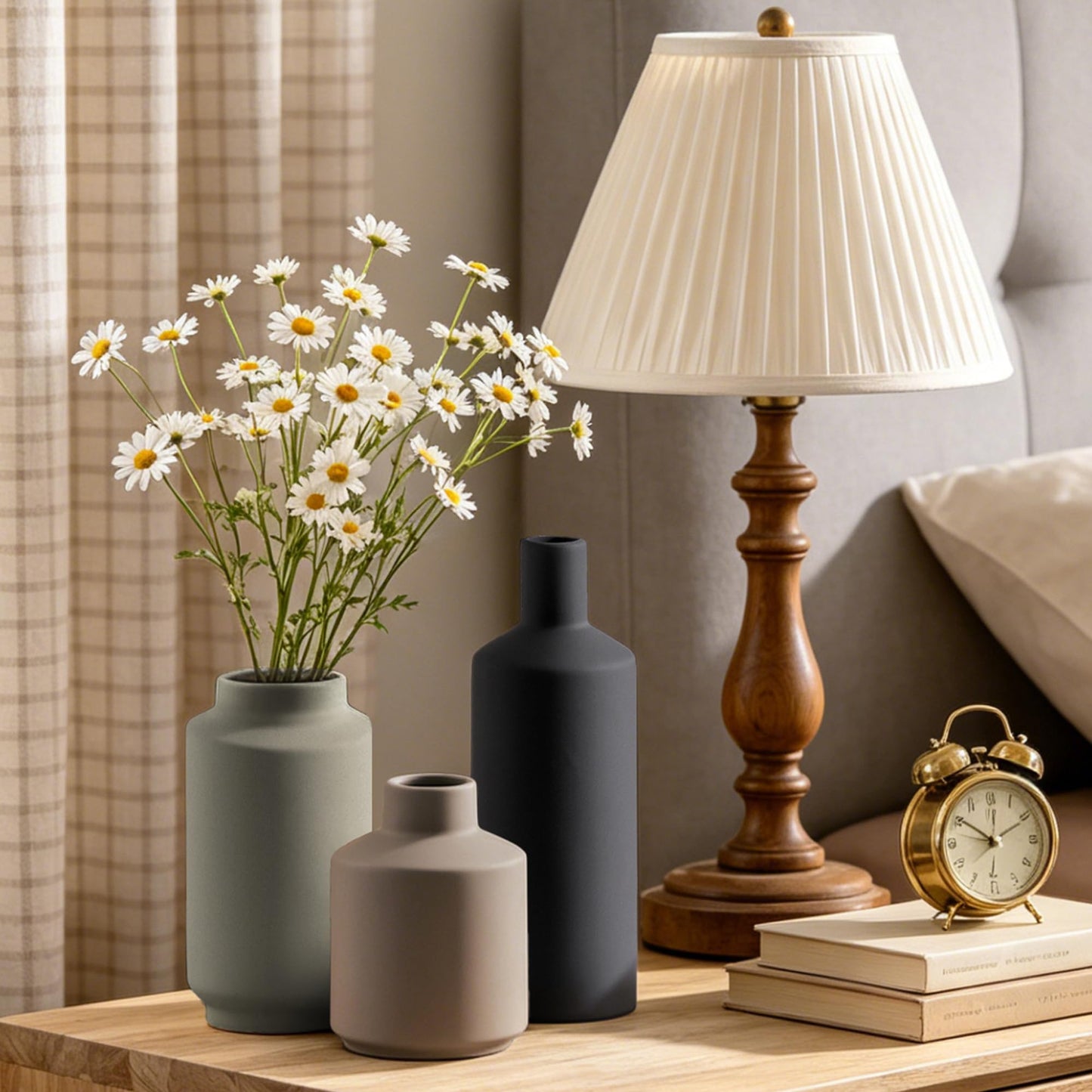 Ceramic Vase Set of 3, Modern Farmhouse Boho Table Centerpiece Vases, Small Flower Pottery for Coffee Bar Shelf Bookshelf Living Room Kitchen Decor, Rustic Home Decor Accents