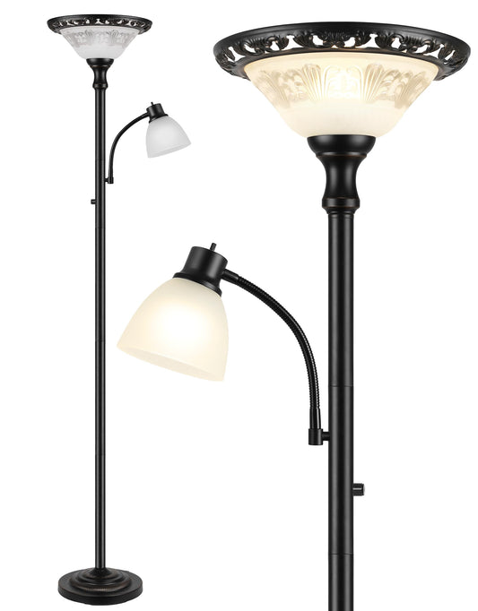 Torchiere Floor Lamps for Living Room, 71" Tall Standing Lamp with Thick Glass Shade, Metal Pole & Heavy Base, Vintage Corner Lamp with Reading Light Home Decor for Bedroom Office, 3CCT Bulb Included