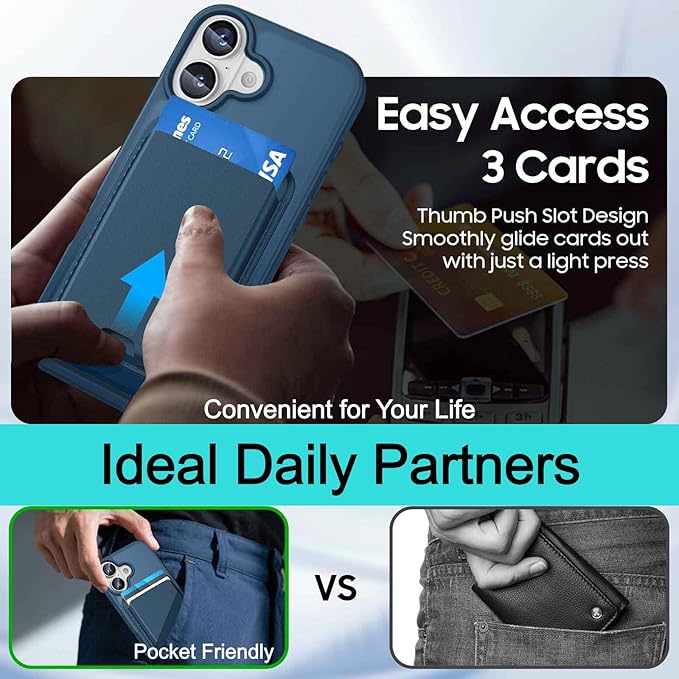 Ntwinro Magnetic for iPhone 16 Case (Compatible with MagSafe) with Detachable Wallet & Card Holder for 3 Cards [RFID Blocking] Military Grade Protective Slim Phone Cover, Deep Blue