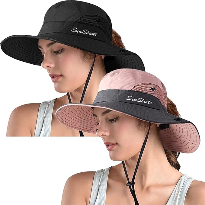ZOORON Women's Ponytail Safari Sun Hat,Wide Brim UV Protection Outdoor Bucket Hat,Foldable Beach Summer Fishing Hat