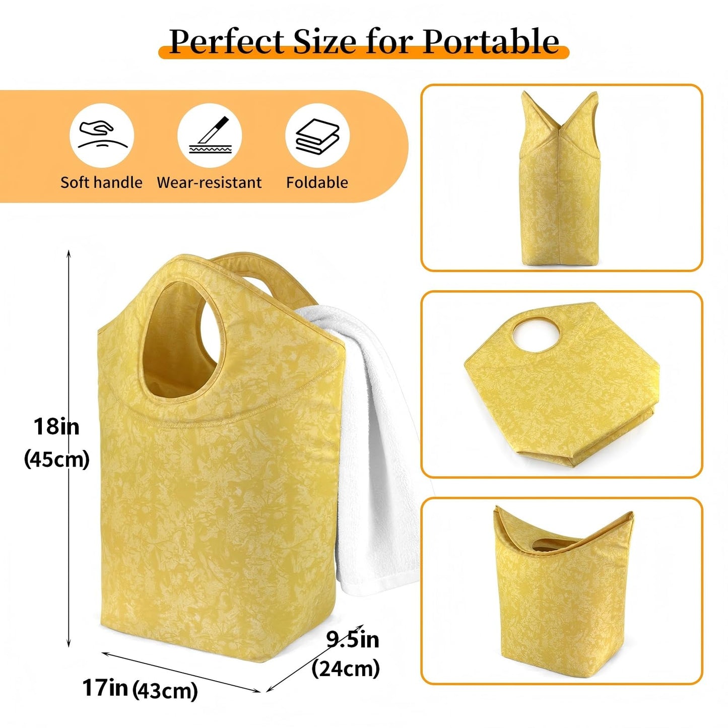 Zhumaotong 18"x17"x9.5" Foldable Laundry Basket, Waterproof Wear-Resistant Fabric Laundry Hamper with Soft Handle, Small Portable Laundry Tote for Dirty Clothes, Grocery, Travel