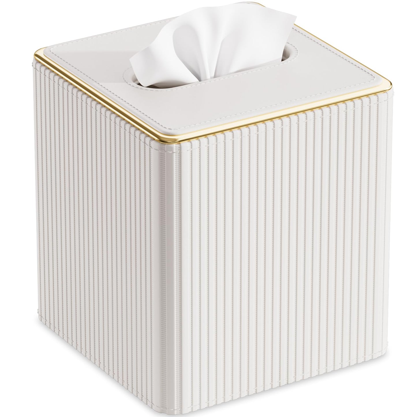 GORESE Tissue Box Cover Square Kleenexs Box Cover, PU Leather Tissue Cover with Gold-Tone Edging, Cube Tissue Box Holder for Bathroom Livingroom Car, Modern Decorative Kleenexs Cover, Cream White