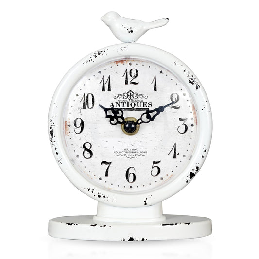 QIYAODECO Classic Vintage Desk Clock - Silent Non-Ticking Clock with Distressed Metal Frame for Office, Bedroom and Home Decoration, Creamy White