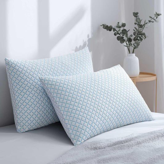 Alkyonos Shredded Memory Foam Cooling Medium Soft Bamboo Viscose Pillows Queen Size Set of 2, Adjustable Hypoallergenic Hotel Quality Pillows for Back, Stomach and Side Sleeper, Oeko-TEX Certified