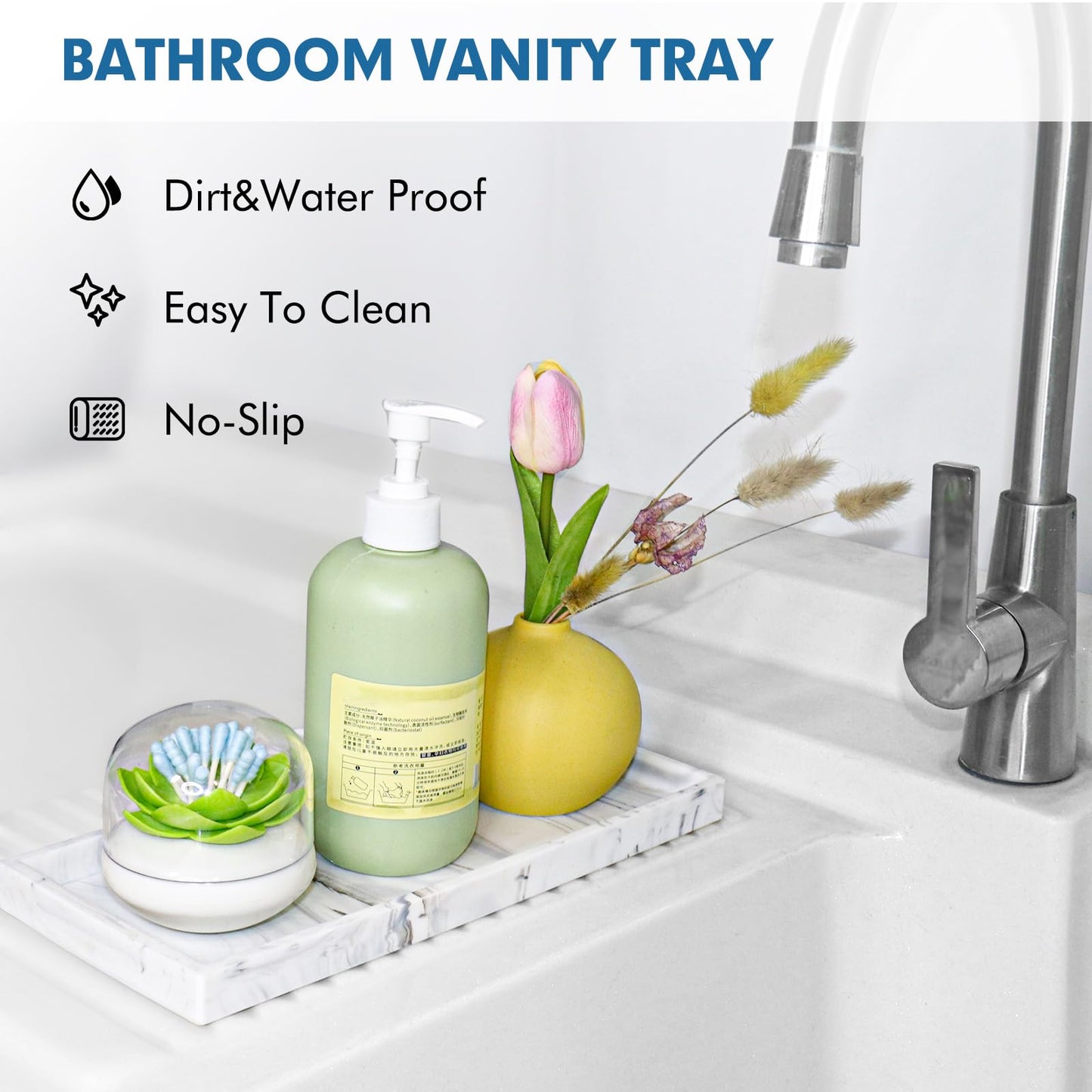 Bloss Bathroom Counter Marble Tray and Soap Holder - 15.7x5.9 inch Silicone Bathroom Vanity Trays, Marble Tray for Kitchen Counter, Toilet Tank Tray,Trays for Perfume, Jewelry,Candle, Key