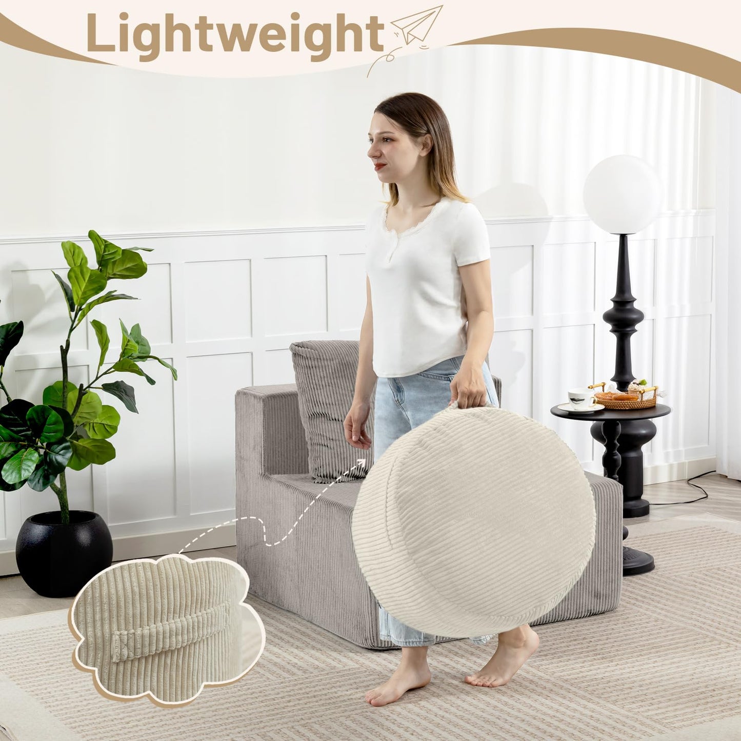 Manyday Round Stuffed Pouf Ottoman,Corduroy Foot Rest with Rebound Foam Filled, Furry and Fluffy Foot Stool Ottoman, Floor Poufs for Living Room (Beige, 20" D x 20" W x 15" H)