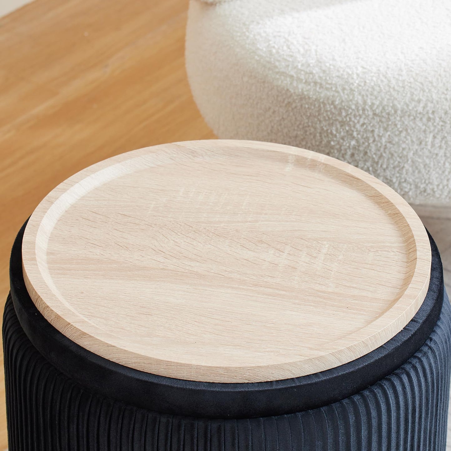 BLEXA Round Ottoman with Storage Set of 2-Upholstered Velvet Vanity Stool for Makeup Multifunctional Ottomans Coffee Table Padded Seat Foot Rest for Living Room&Bedroom (Black-Upgrade Tray Lid)