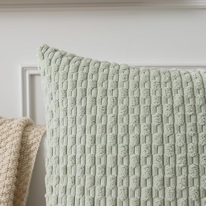 Kevin Textile Pack of 2 Corduroy Decorative Throw Pillow Covers 24x24 Inch Soft Boho Striped Pillow Covers Modern Farmhouse Home Decor for Spring Sofa Living Room Couch Bed Light Green