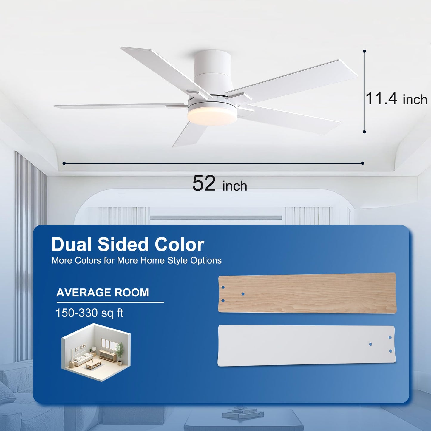52 Inch Ceiling Fans with Lights and Remote,Flush Mount White Ceiling Fan with 5 Blades,6 Speed Reversible DC Motor,3CCT Dimmable LED-Low Profile Design for Bedroom, Living room & Covered Outdoor