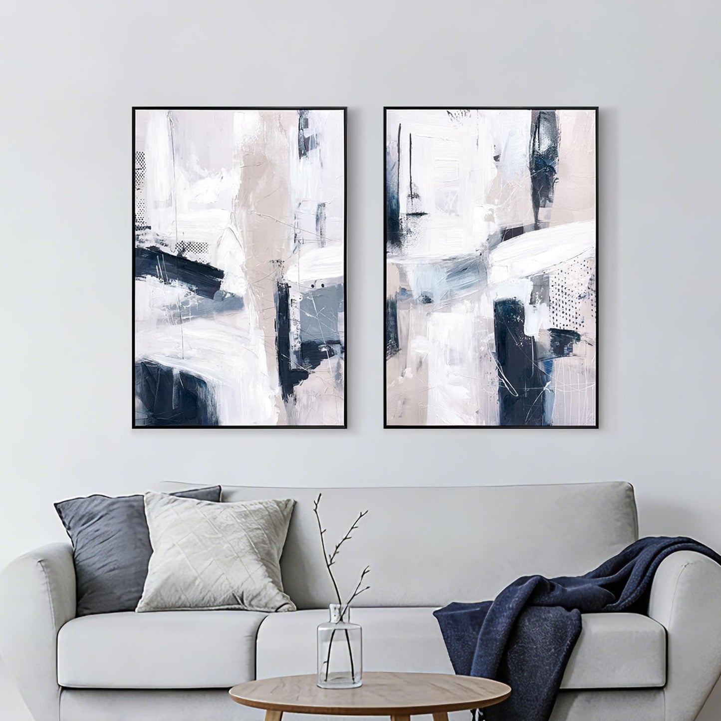SAFERRYHOME Large Abstract Textured Framed Canvas Wall Art, Minimalist Wall Decor Neutral Painting, Modern Blue White Artwork Print for Home, Office, Living Room, 24"x36"x2