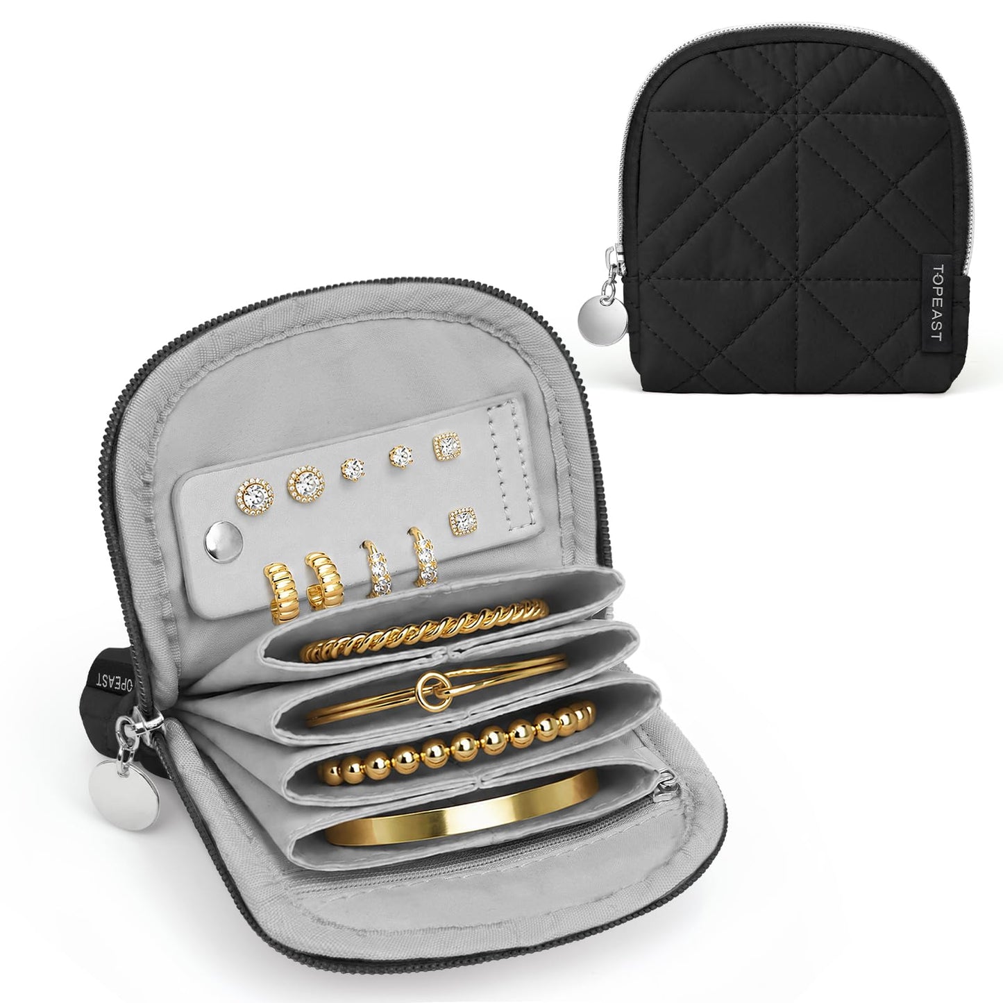 TOPEAST Quilted Travel Jewelry Case for Women, Puffer Jewelry Organizer with Zipper, Portable Small Jewelry Pounch Storage Bag for Rings Earrings Necklaces, Travel Essentials Gift for Women, Black